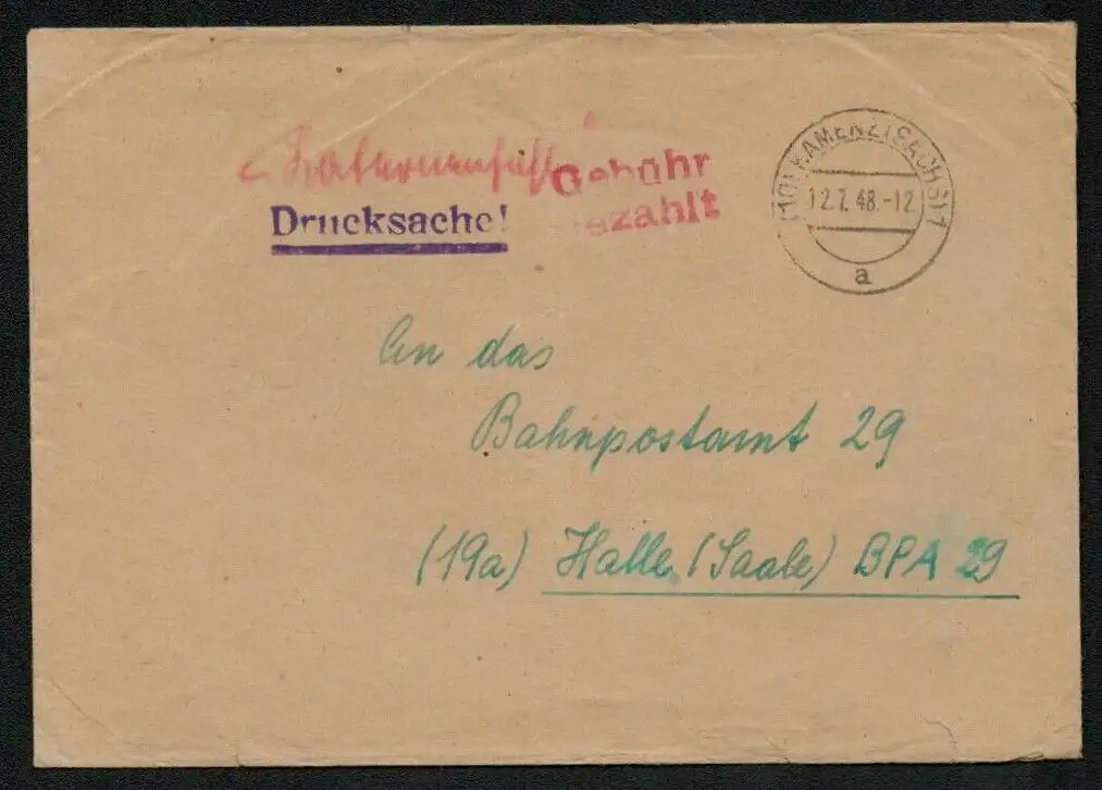 h5321 SBZ Währungsreform 1948 Brief Gebühr bezahlt Drucksache an Bahnpostamt