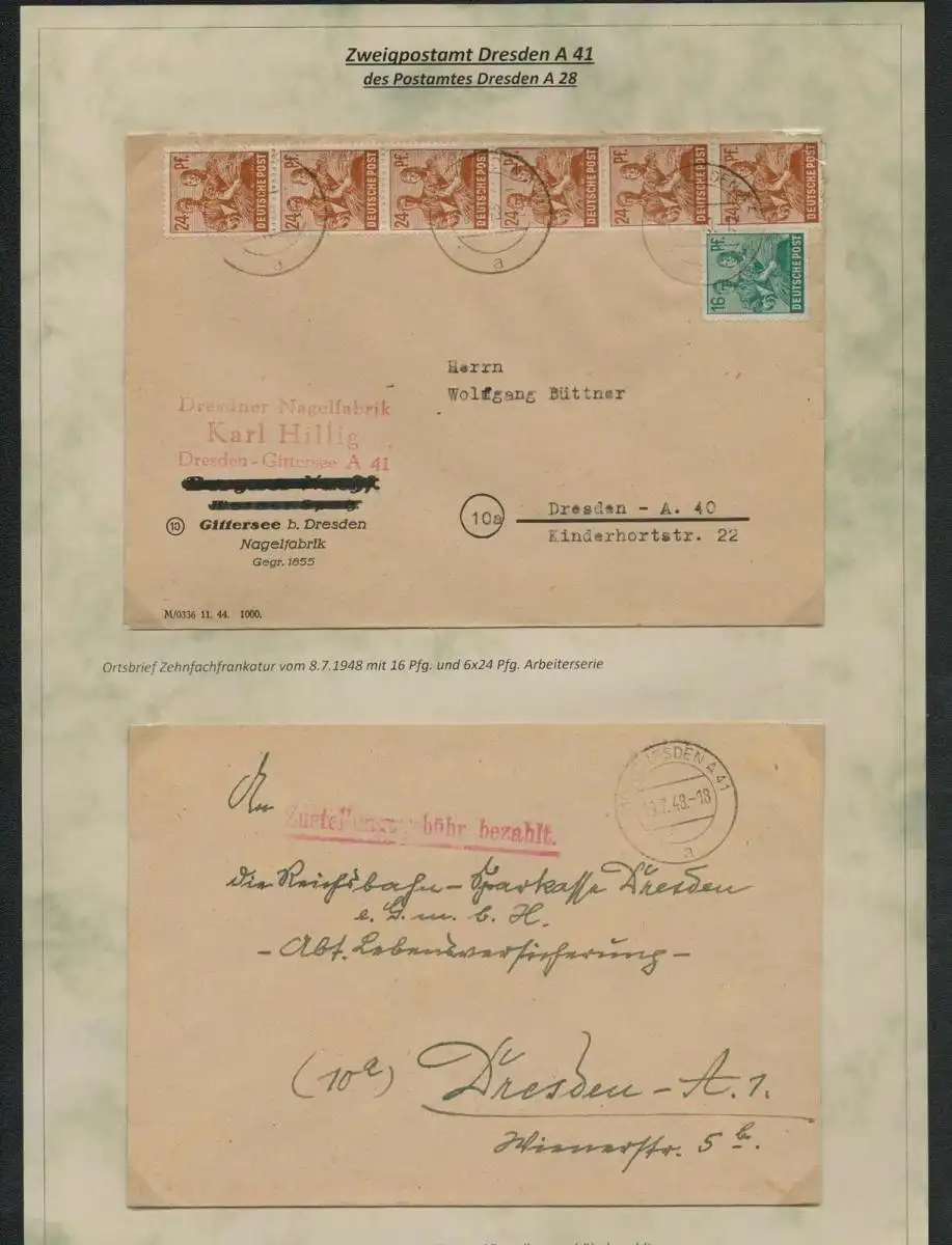 h5516 SBZ Währungsreform 1948 2x Brief Dresden 41 Zehnfach Zustellungsgebühr bez
