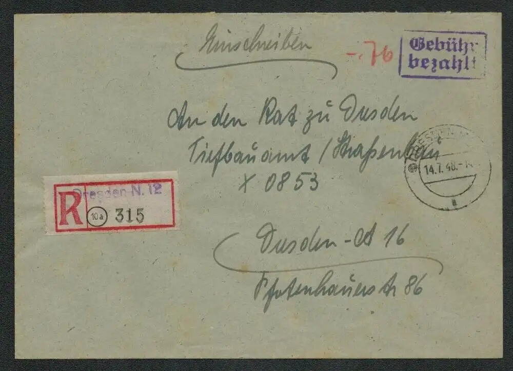 h5464 SBZ Währungsreform 1948 Brief Gebühr bezahlt Dreden N 12 Ortseinschreiben