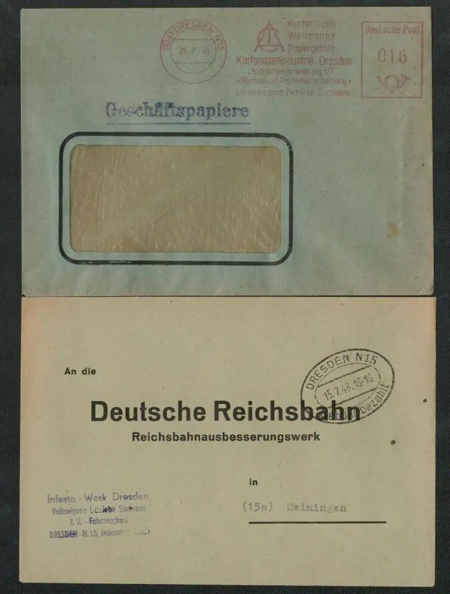 h5466 SBZ Währungsreform 1948 2x Brief Gebühr bezahlt Freistempel