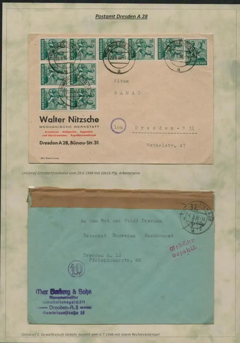 h5514 SBZ Währungsreform 1948 2x Brief Zehnfach Gebühr bezahlt Dresden 28 Ortsbr