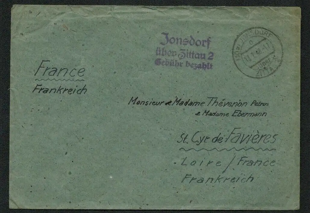 h5562 SBZ Währungsreform 1948 Gebühr bezahlt Jonsdorf über Zittau n. Frankreich
