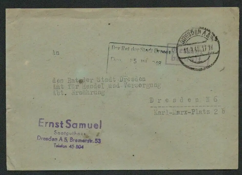h5524 SBZ Währungsreform 1948 Brief Gebühr bezahlt Dresden A 39 an Behörde
