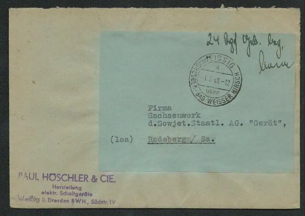 h5535 SBZ Brief Weissig über Dresden Bad Weisser Hirsch Sachsenwerk Radeberg