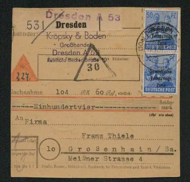 h5567 SBZ Paketkarte Währungsreform 1948 2x 194 MeF Dresden nach Großenhain