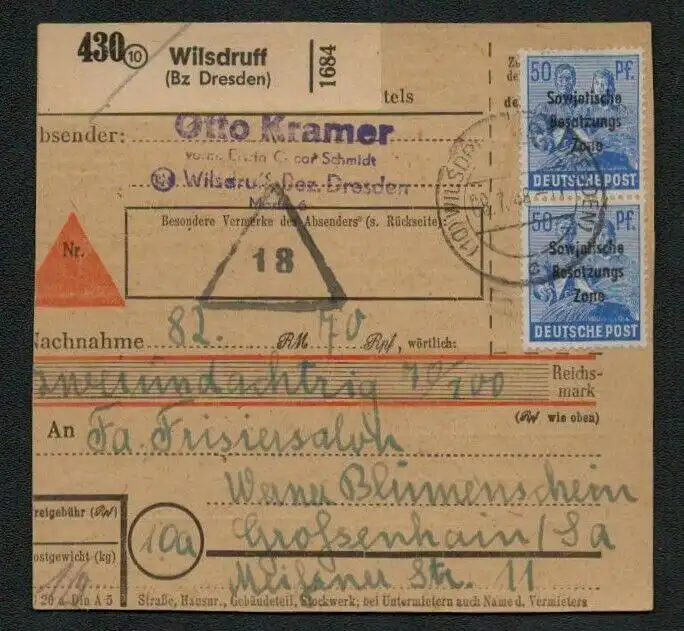 h5559 SBZ Paketkarte Währungsreform 1948 2x 194 MeF Wilsdruff Bz. Dresden nach