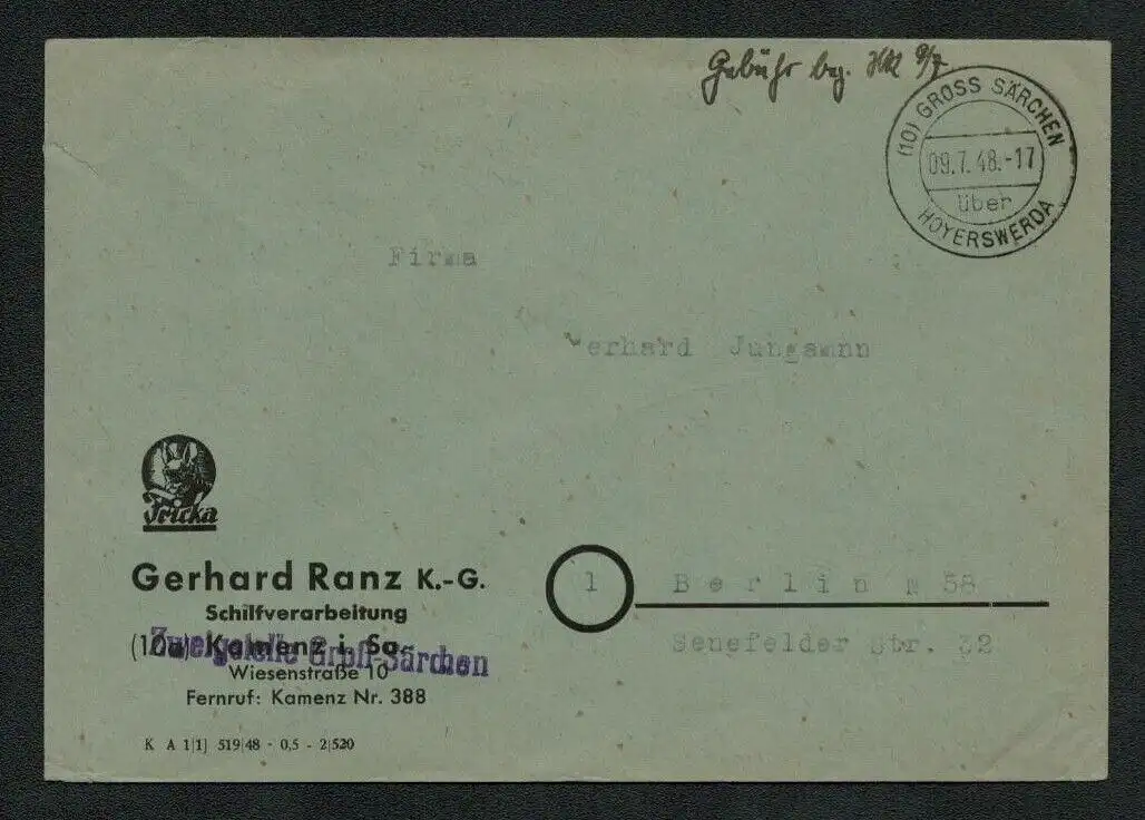 h5544 SBZ Brief Währungsreform 1948 Gebühr bezahlt Gross Särchen ü. Hoyerswerda