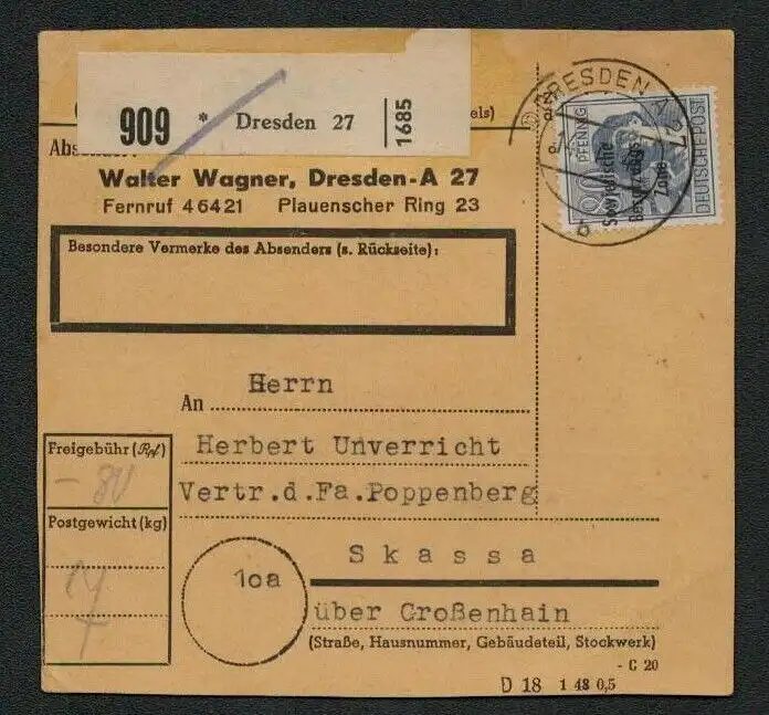 h5573 SBZ Paketkarte Währungsreform 1948 196 EF Dresden nach Skassa Großenhain