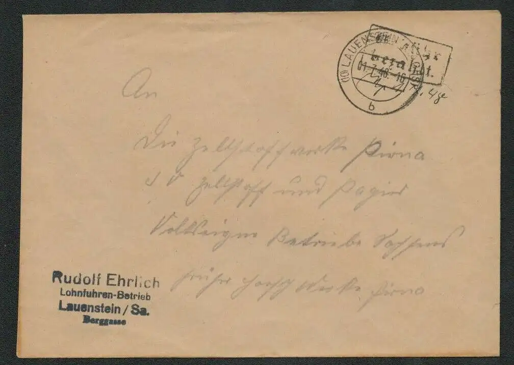 h5199 SBZ Brief Lauenstein Gebühr bezahlt 01.7.48 Währungsreform nach Pirna