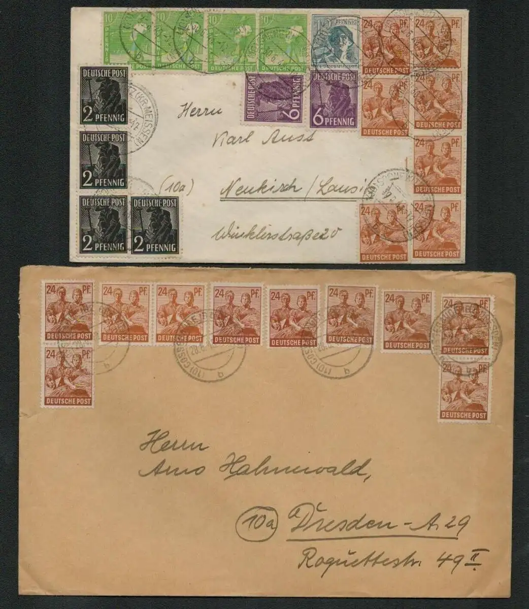 h5141 SBZ Währungsreform 1948 2x Brief Zehnfachfrankatur Sörnewitz Kr. Meissen