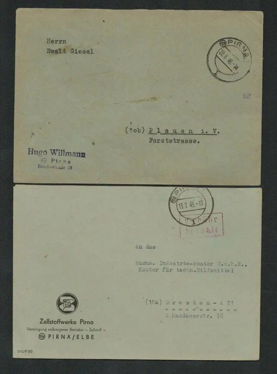 h5274 SBZ Währungsreform 1948 2x Brief Gebühr bezahlt Zellstoffwerke n. Dresden
