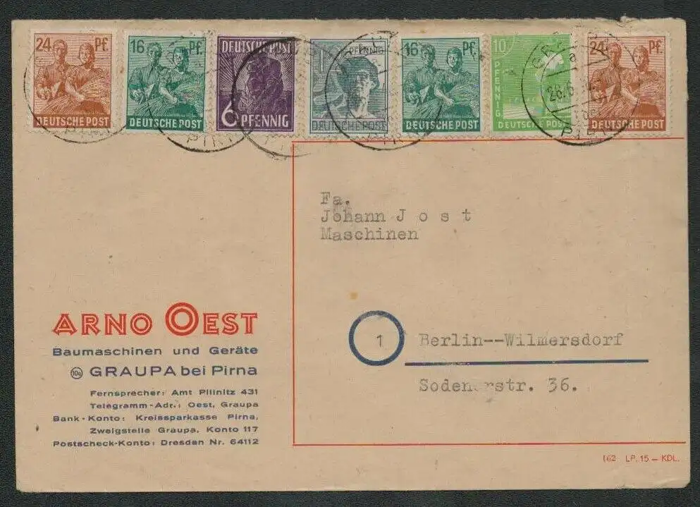h5278 SBZ Währungsreform 1948 Brief Zehnfachfrankatur Graupa über Pirna Bau