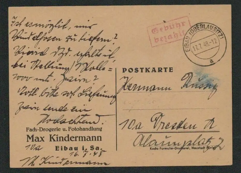 h5165 SBZ Postkarte Währungsreform 1948 Gebühr bezahlt Eibau 17.7.48 Drogerie