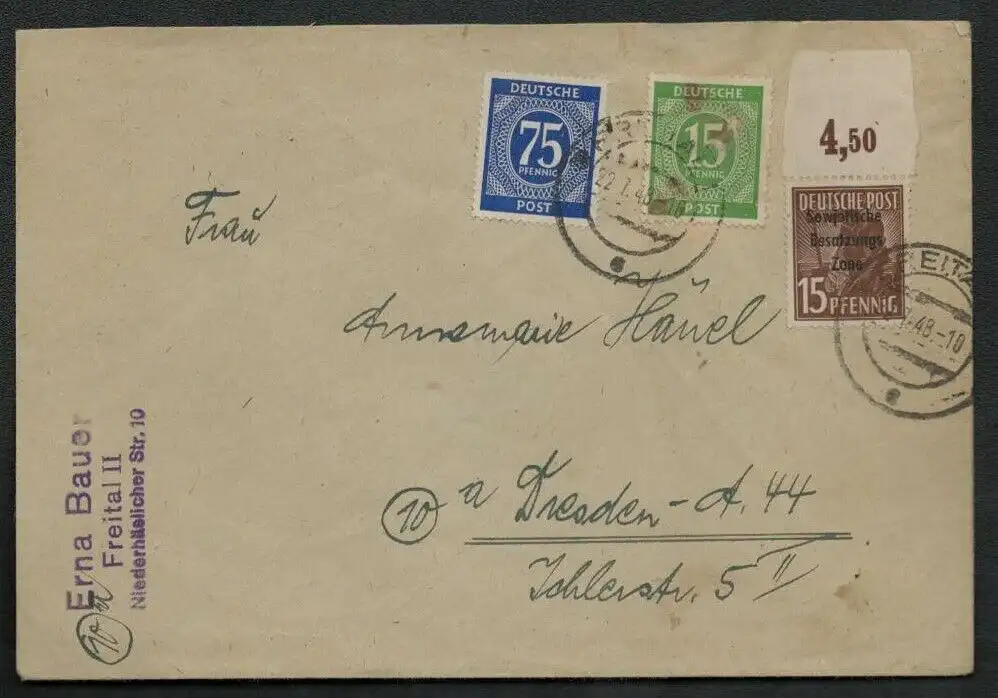 h5193 SBZ Währungsreform 1948 Brief Zehnfachfrankatur Freital MiF 187 OR Platte