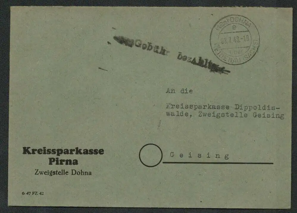 h5228 SBZ Währungsreform 1948 Bezirk Brief Gebühr bezahlt Kreissparkasse Pirna