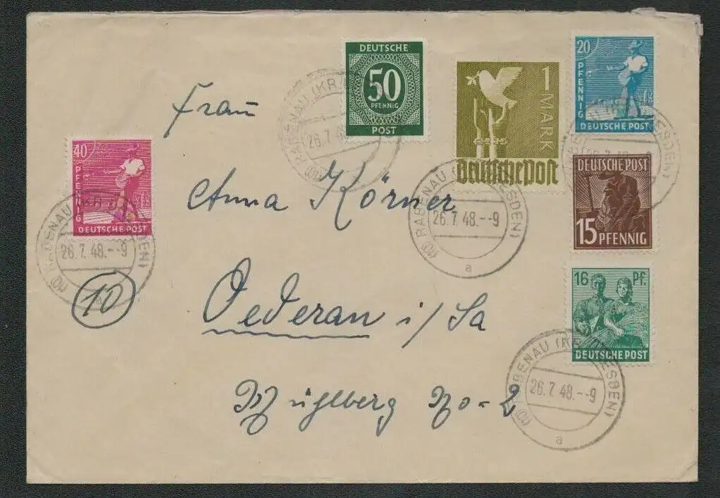 h5290 SBZ Währungsreform 1948 Brief Zehnfachfrankatur Rabenau Kr. Dresden 26.7.