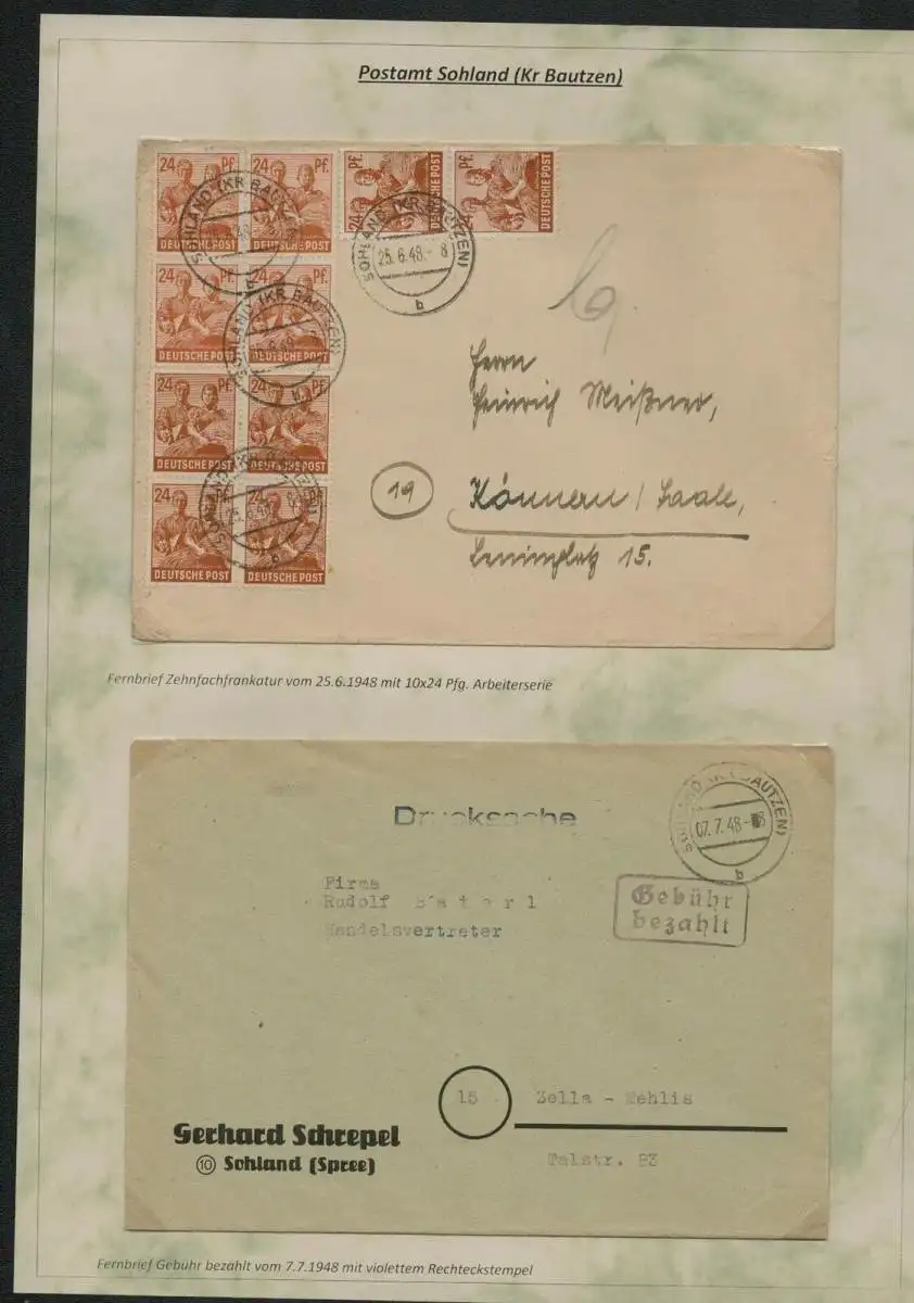 h5410 SBZ Bezirk 14 2x Brief Währungsreform 1948 Zehnfachfrankatur Gebühr bezahl