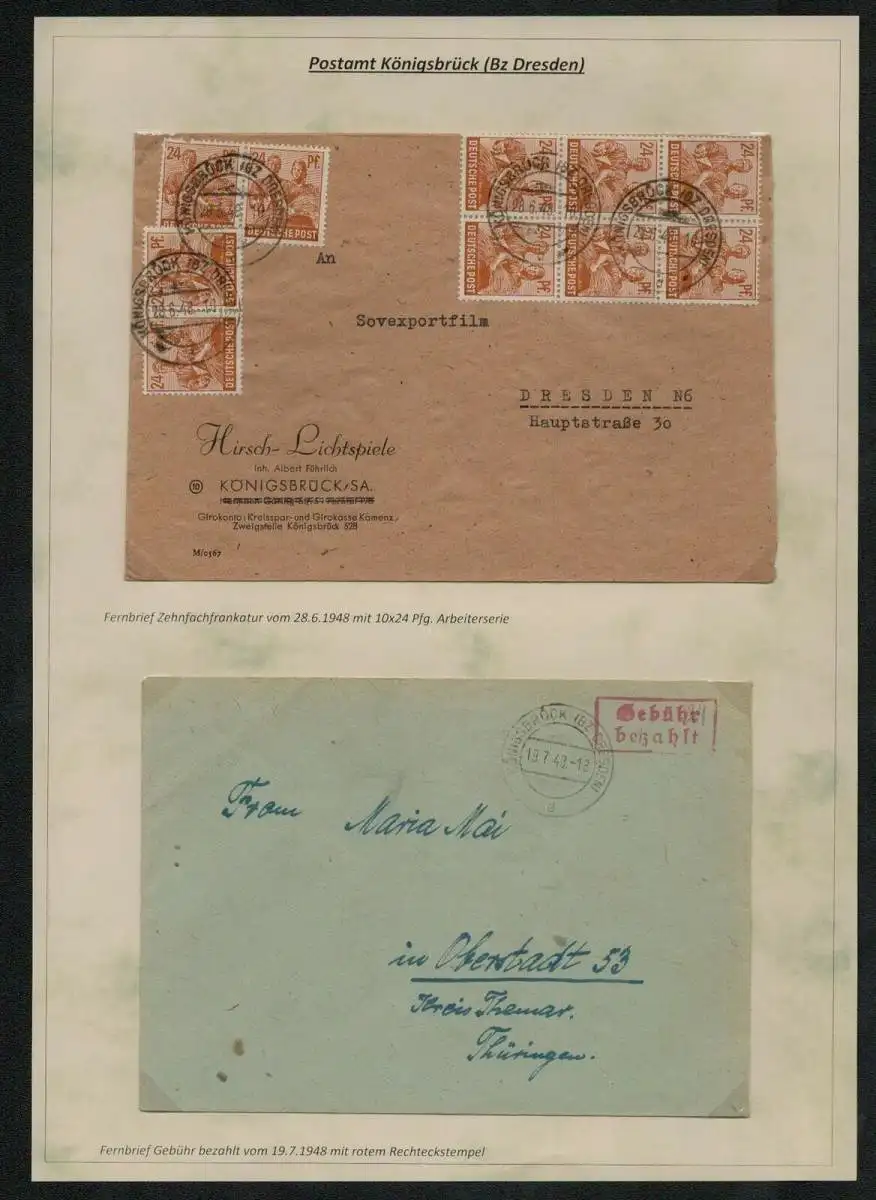 h5327 SBZ Währungsreform 1948 2x Brief Zehnfach Gebühr bezahlt Hirsch Lichtspiel