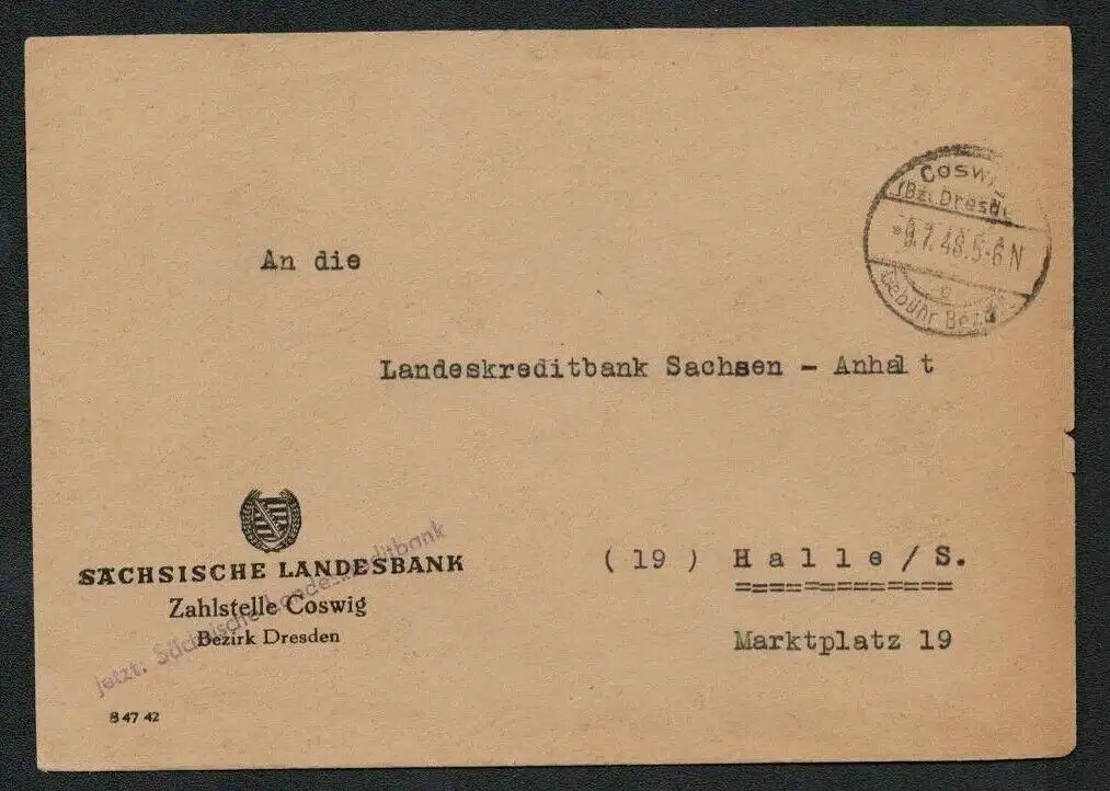 h5140 SBZ Bezirk 14 Währungsreform 1948 Gebühr bezahlt Coswig Bz. Dresden Bedarf