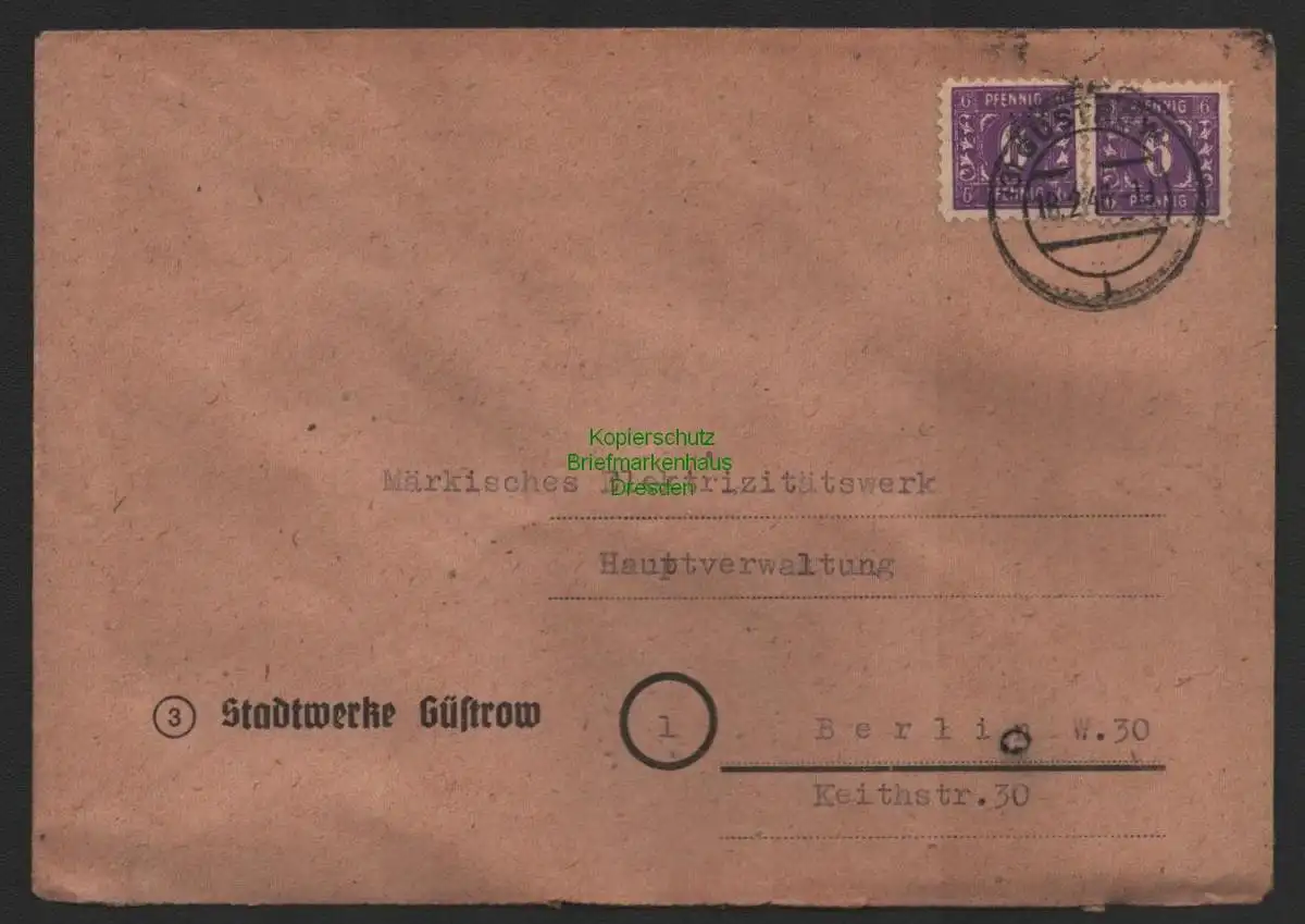 B10052 Brief SBZ Mecklenburg Stadtwerke Güstrow 1946 nach Berlin MEW