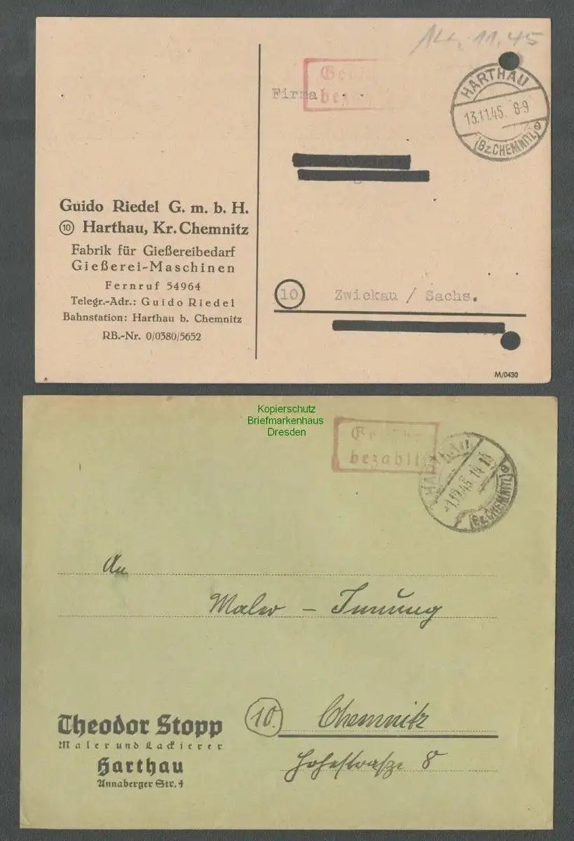 B-5682 SBZ Gebühr Bezahlt 2x Brief Karte Harthau 1945 Fabrik Gießereimaschinen