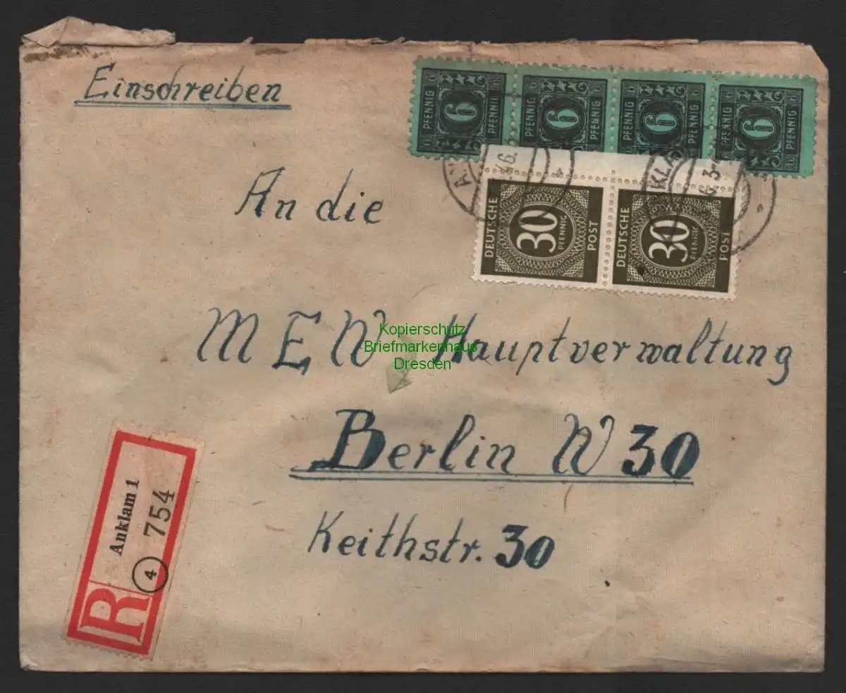 B10049 Brief SBZ Mecklenburg Einschreiben Bugewitz Kr. Anklam 1946 n. Berlin MEW