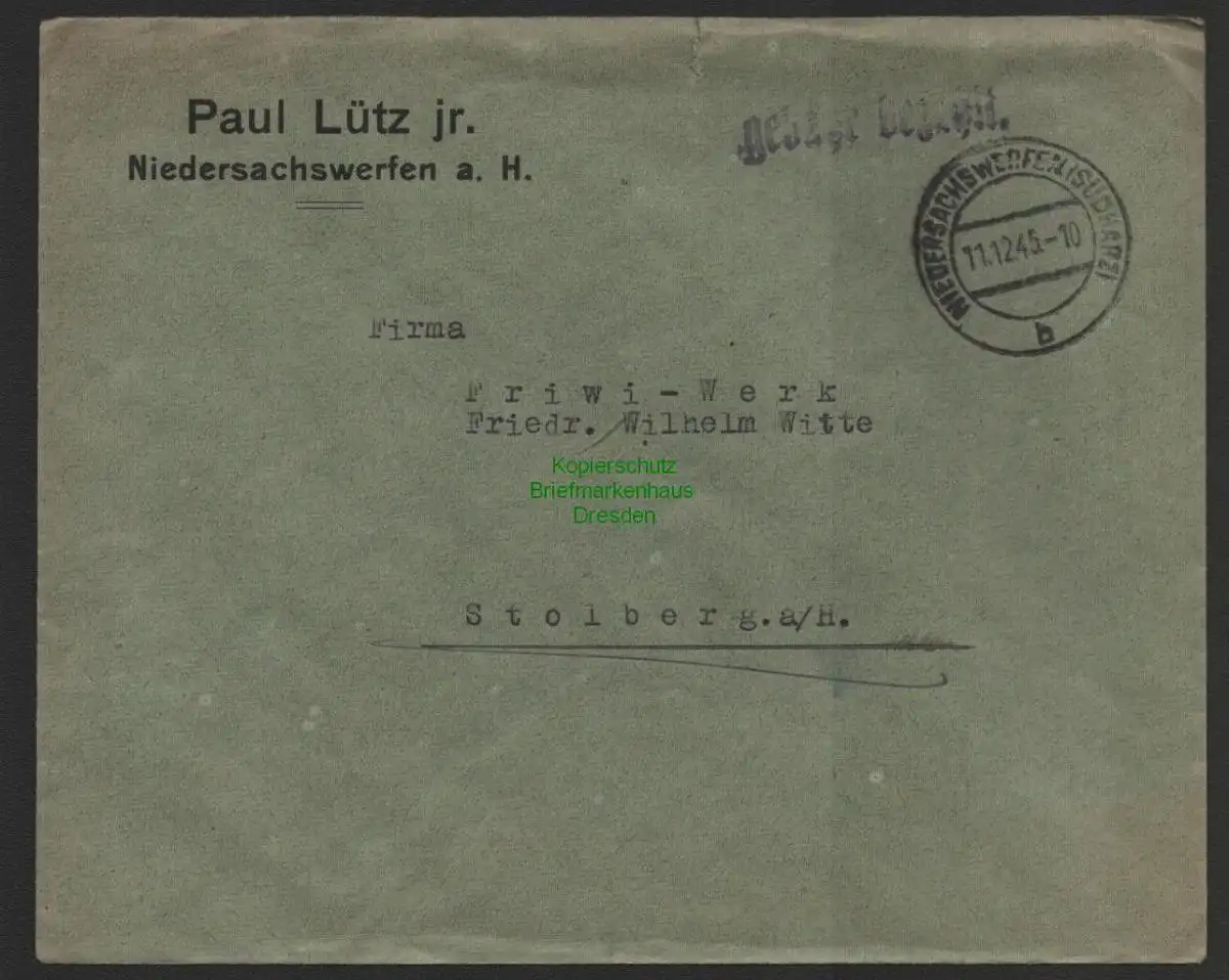 B10128 Brief SBZ Gebühr bezahlt Niedersachswerfen Südharz 1945 an Friwi Stolberg