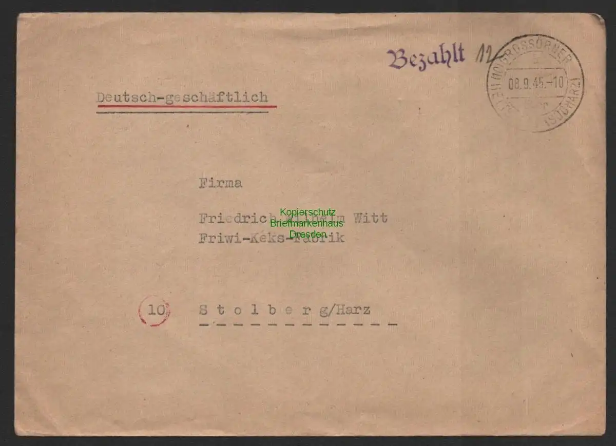 B10116 Brief SBZ Gebühr bezahlt Grossörner Großörner Hettstedt Südharz 1945