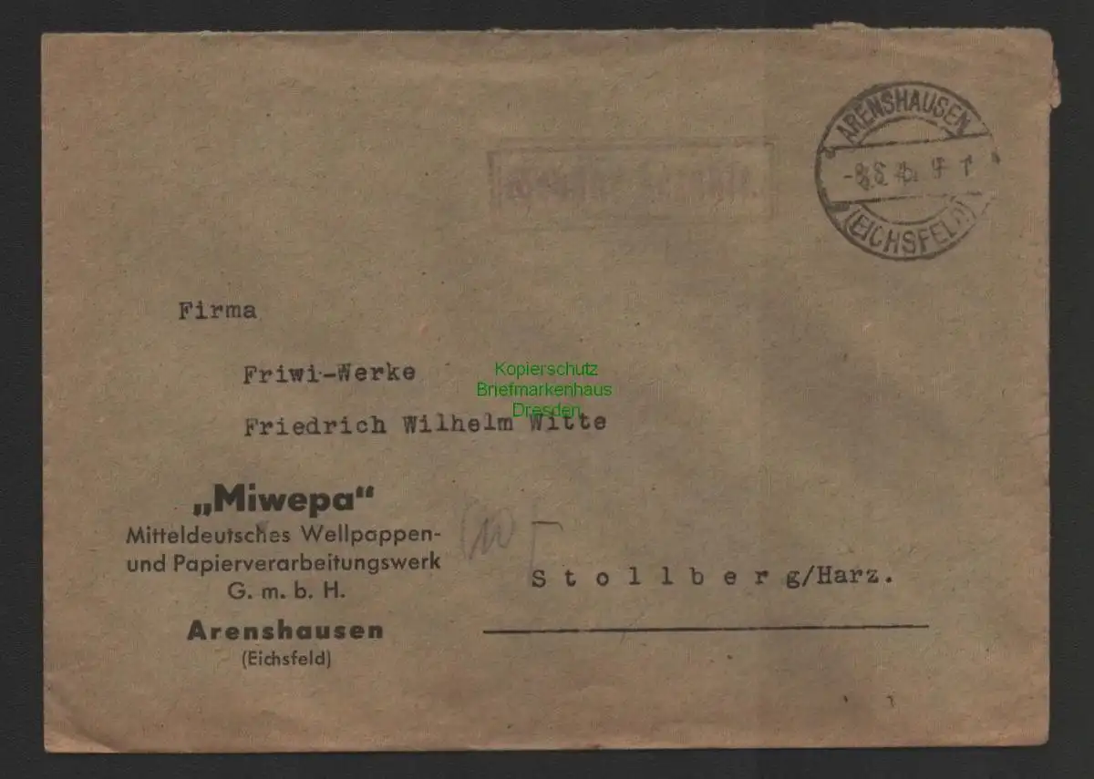 B10140 Brief SBZ Gebühr bezahlt Arenshausen Eichsfeld 1945 Miwepa Friwi Stolberg
