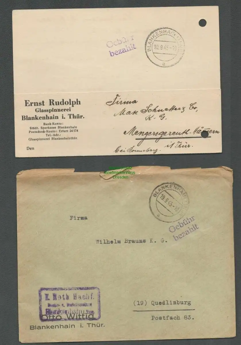 B-5648 SBZ Gebühr Bezahlt 2x Brief Karte Blankenhain 1945