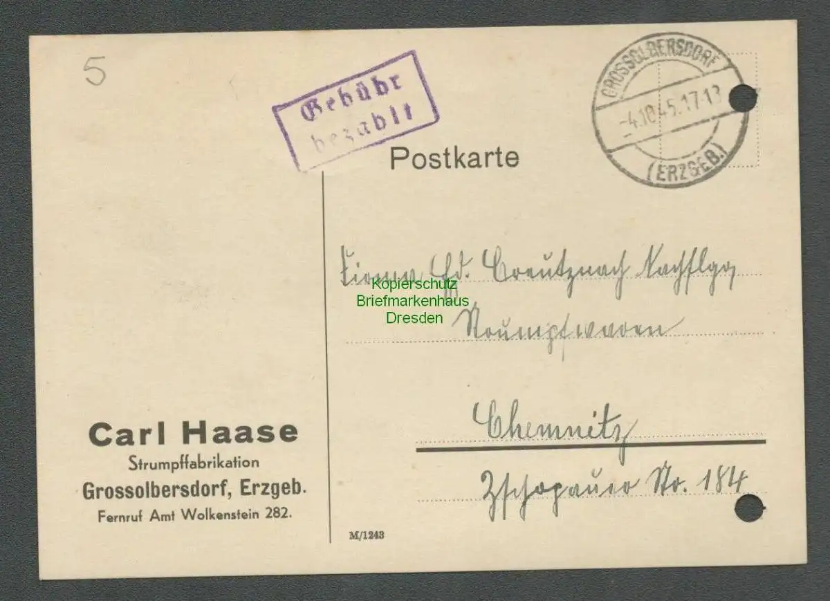 B-5641 SBZ Gebühr Bezahlt Postkarte Grossolbersdorf Erzgeb. Carl Haase Strumpff