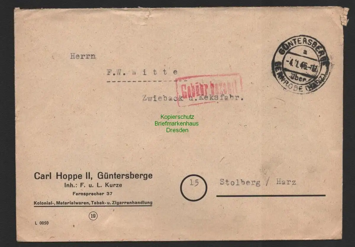 B10114 Brief SBZ Gebühr bezahlt Güntersberge über Gernrode Harz 1946 n. Stolberg