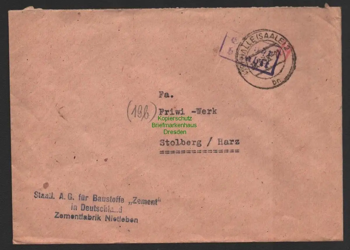 B10136 Brief SBZ Gebühr bezahlt Halle Saale 2 Zementfabrik Nietleben 30.6.48