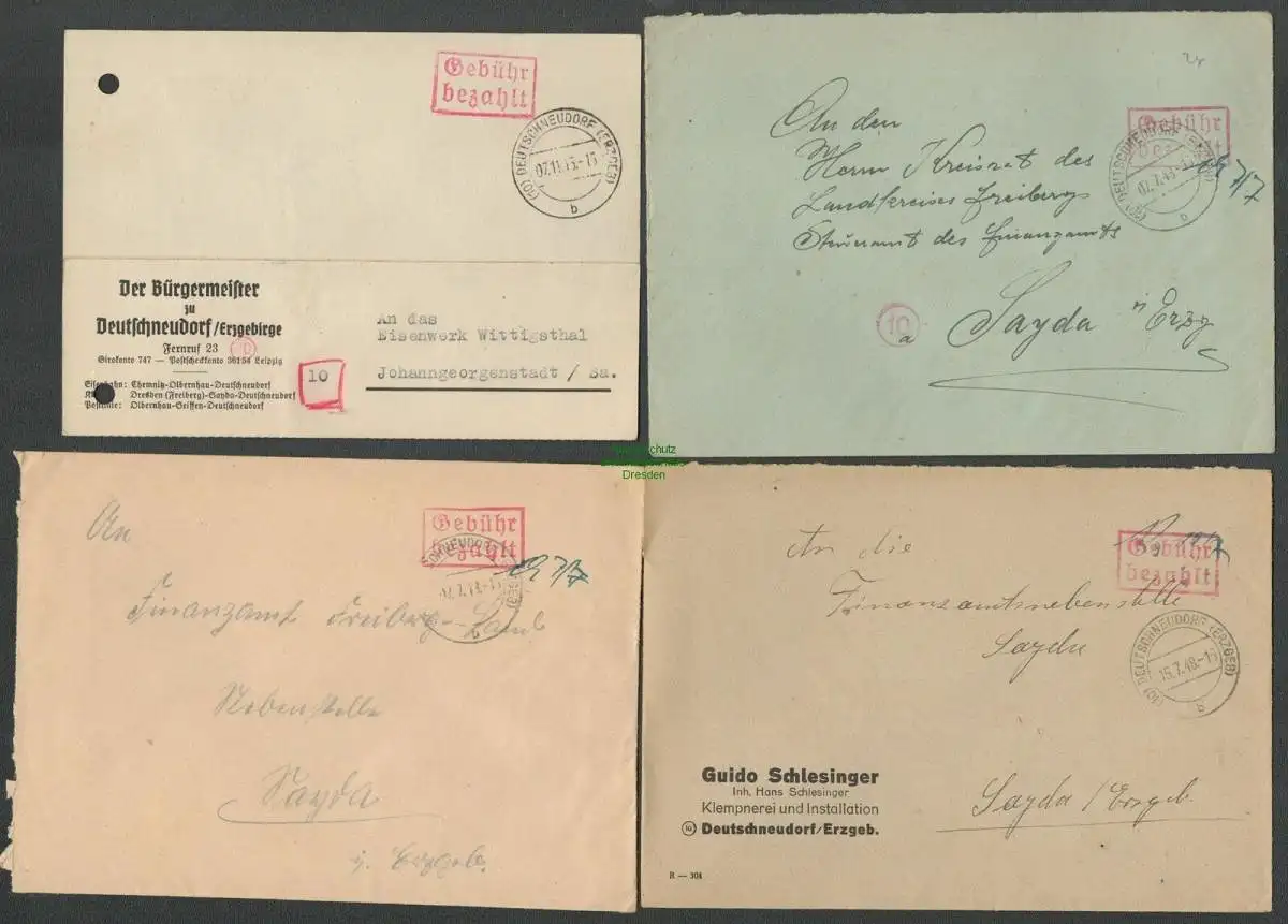 B-5612 SBZ Gebühr Bezahlt 4x Brief Karte 1945 Der Bürgermeister Finanzamt Sayda