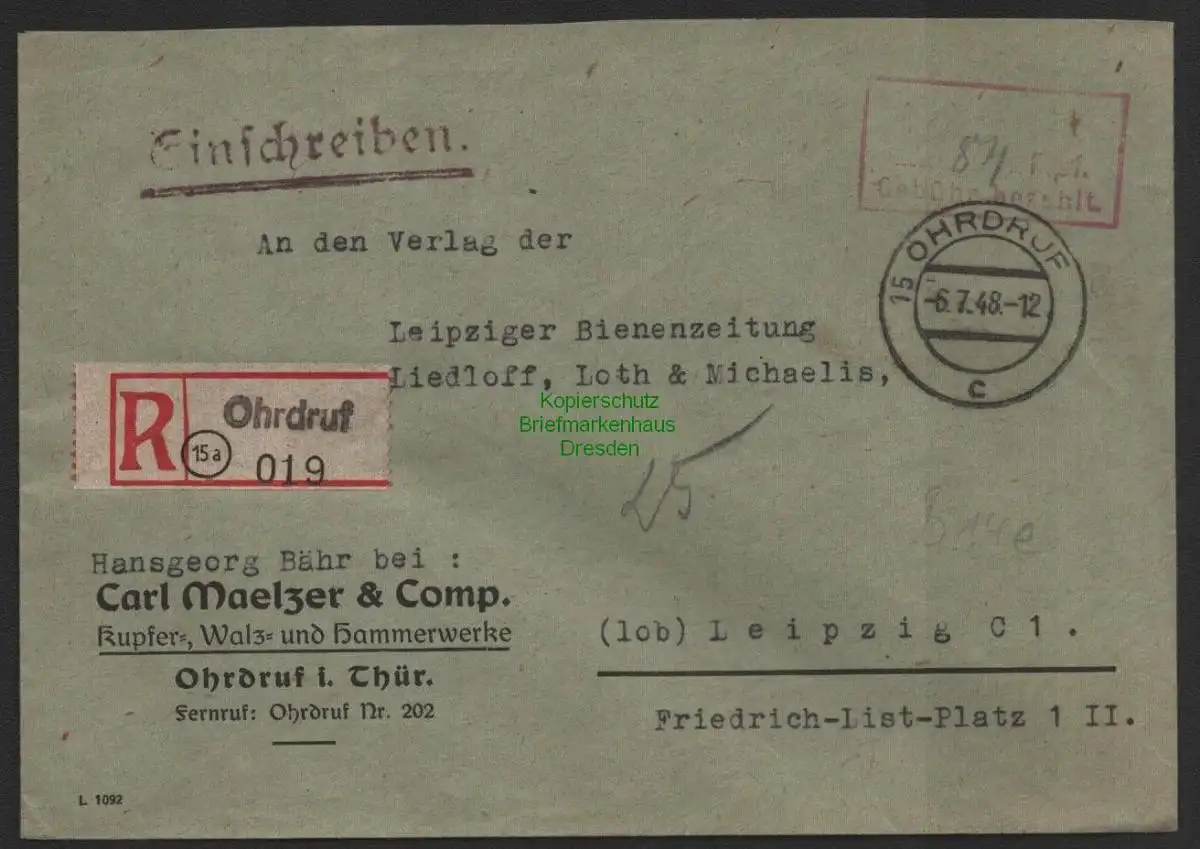 B10143 Brief SBZ Gebühr bezahlt Ohrdruff Einschreiben 84 Rpf 1948 Währungsreform