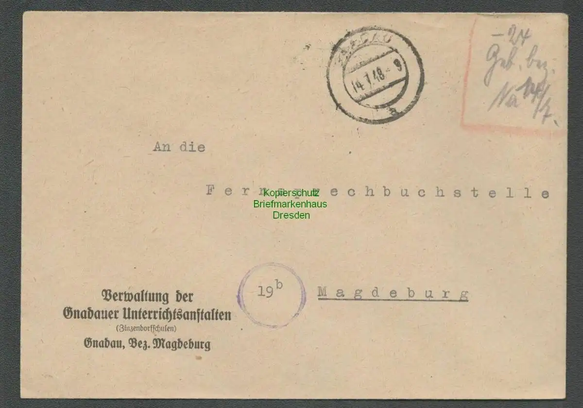 B-5633 SBZ Gebühr Bezahlt Brief Gnadau 1948 Verwaltung Zinzendorfschulen
