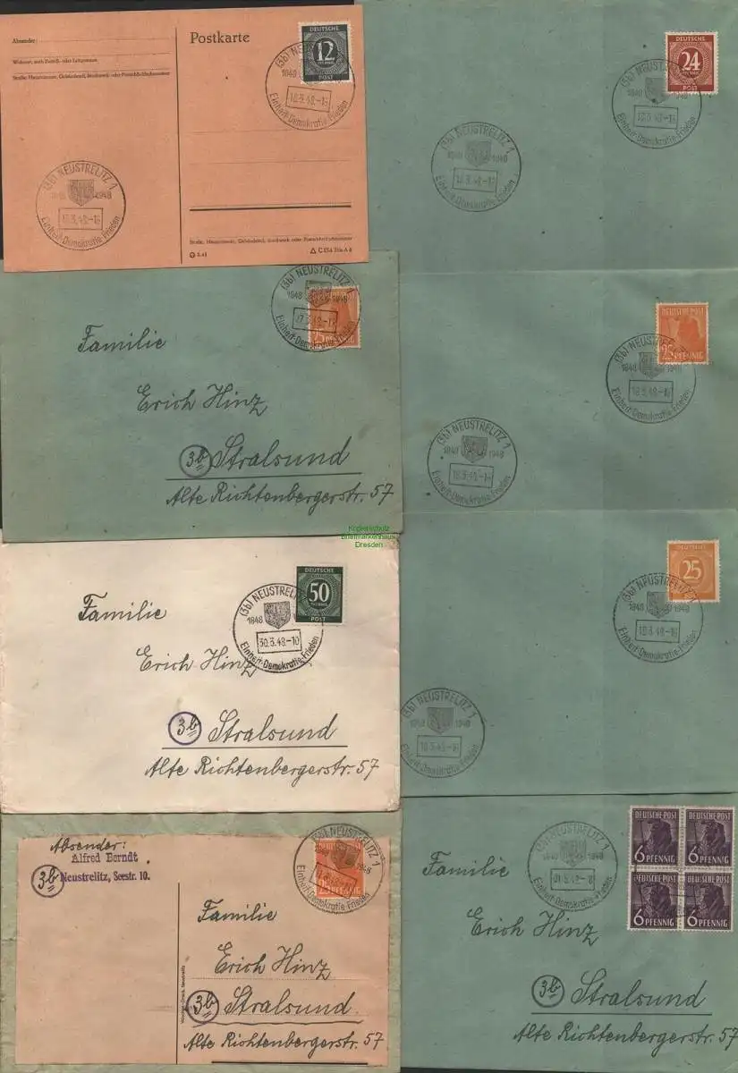 B10212 SBZ 8x Brief Postkarte SST Neustrelitz 1848 - 1948 Einheit Demokratie Fri