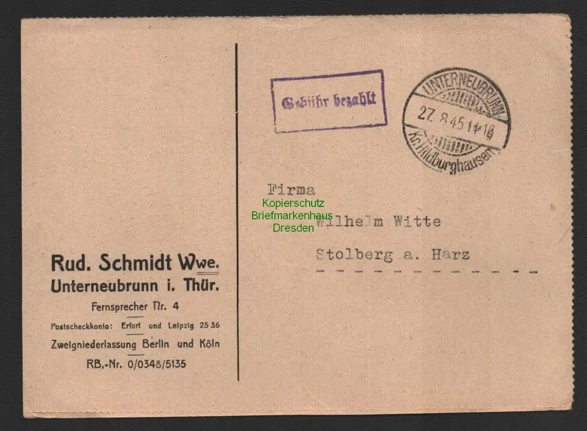 B10149 Postkarte SBZ Gebühr bezahlt Unterneubrunn Kr. Hildburghausen 1945