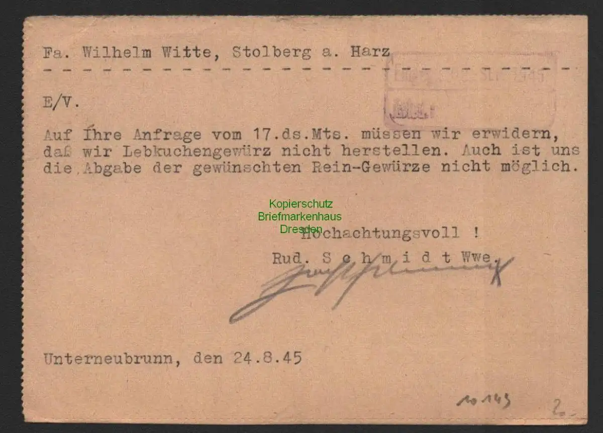 B10149 Postkarte SBZ Gebühr bezahlt Unterneubrunn Kr. Hildburghausen 1945