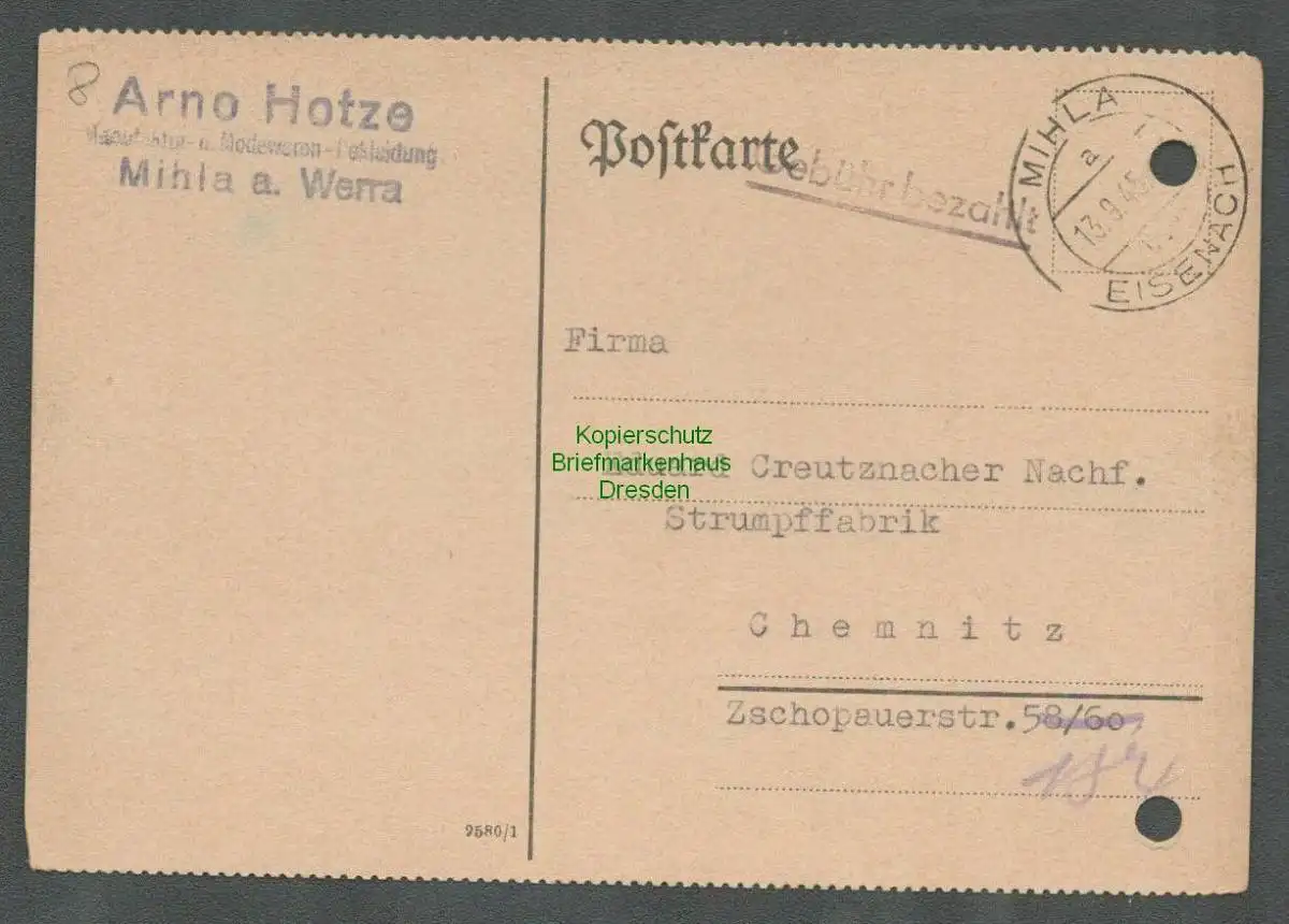 B-5666 SBZ Gebühr Bezahlt Postkarte Mihla über Eisenach 1945 Modewaren Hotze