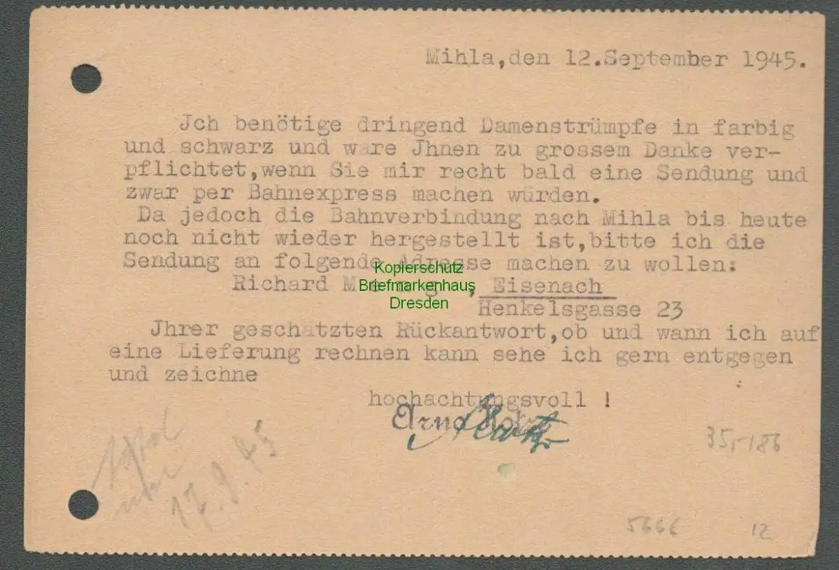 B-5666 SBZ Gebühr Bezahlt Postkarte Mihla über Eisenach 1945 Modewaren Hotze