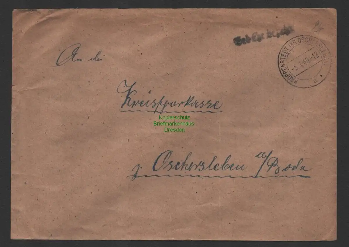 B10183 Brief SBZ Gebühr bezahlt Kroppenstedt Kr. Oschersleben 1949 an Sparkasse