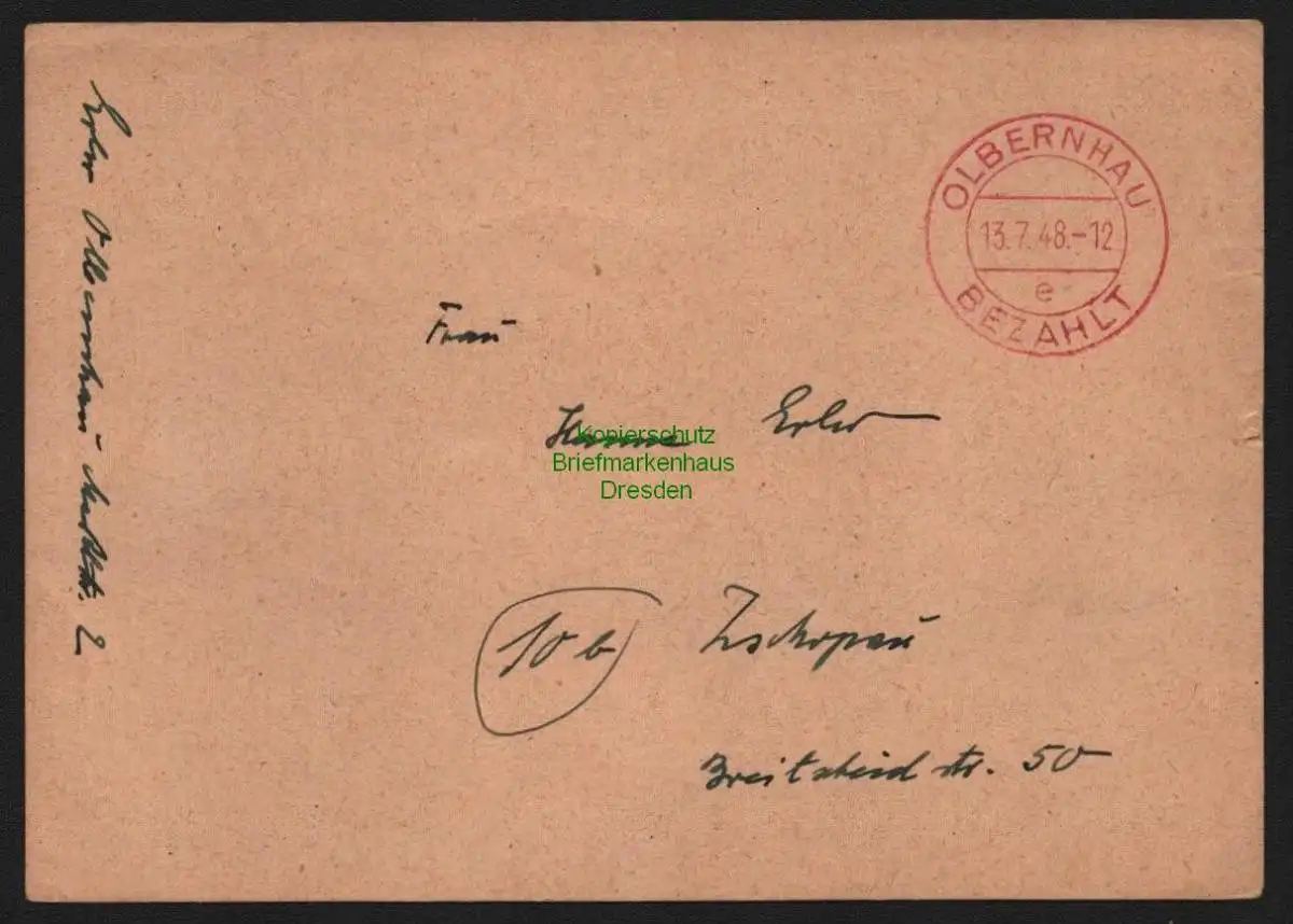 B10360 Postkarte SBZ Gebühr bezahlt 1948 Olbernhau nach Zschopau Währungsreform