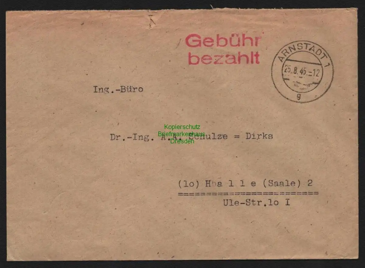 B10363 Brief SBZ Gebühr bezahlt 1945 Arnstadt nach Halle Saale
