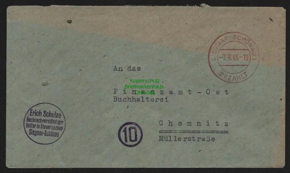 B10359 Brief SBZ Gebühr bezahlt 1945 Siegmar-Schönau an Finanzamt Chemnitz