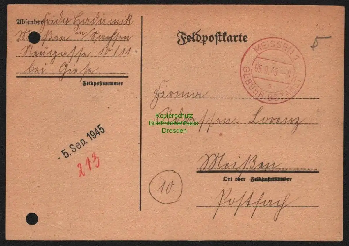 B10346 Postkarte SBZ Gebühr bezahlt 1945 Meissen Ortskarte