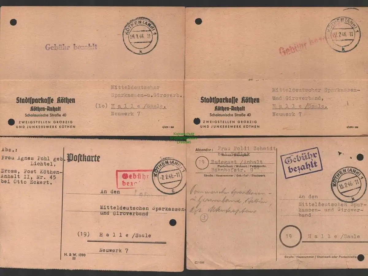 B10187 4x Postkarte SBZ Gebühr bezahlt Köthen Anhalt Sparkasse 1946
