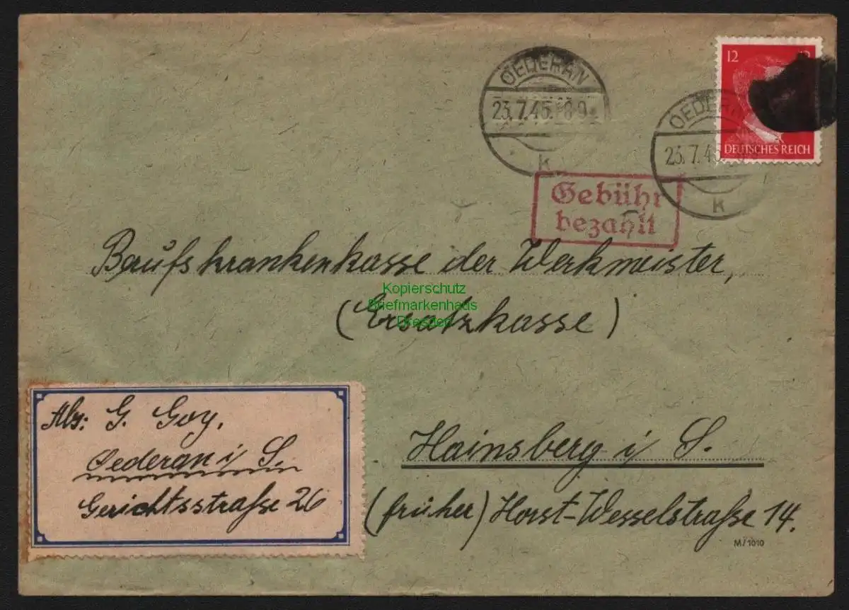 B10303 Brief SBZ Sächsische Schwärzung Gebühr bezahlt 1945 Oederan 23.7.