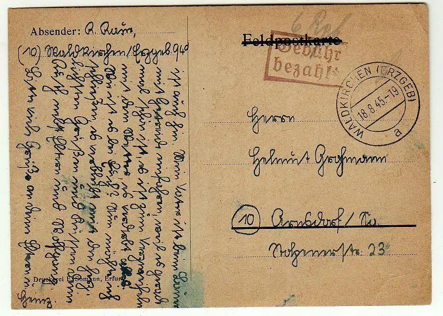 44247 Postkarte SBZ Gebühr bezahlt Waldkirchen Erzgeb. 1945