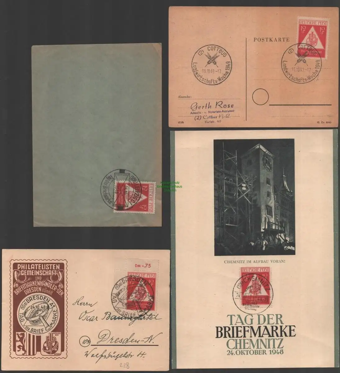 B-14691 Gedenkblatt Tag der Briefmarke SBZ 228 Chemnitz Cottbus Dresden Leipzig